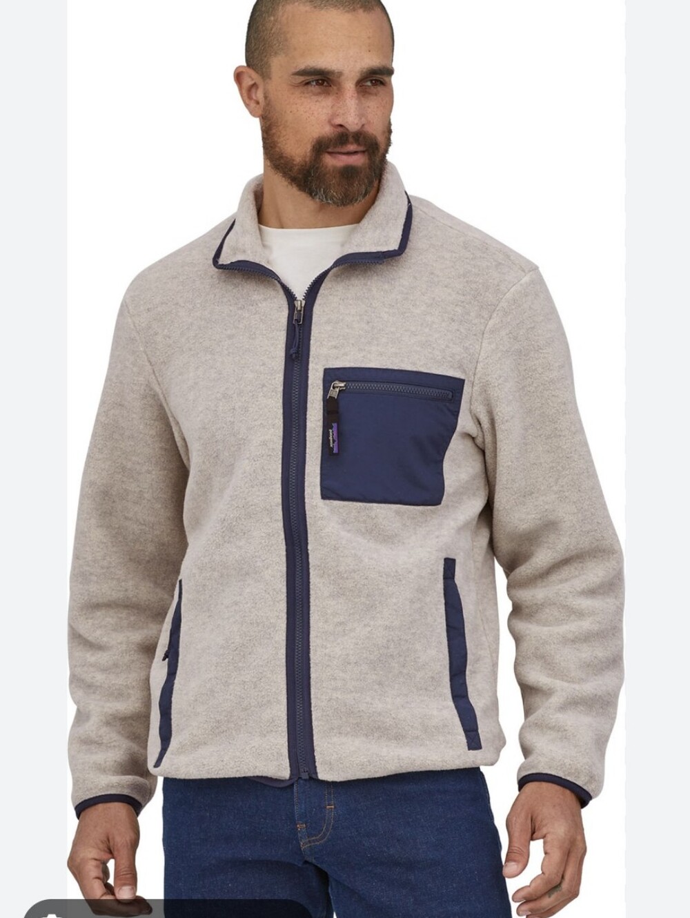 Patagonia Synchilla Fleece Jacket Beige Navy Men’s Medium Full Zip